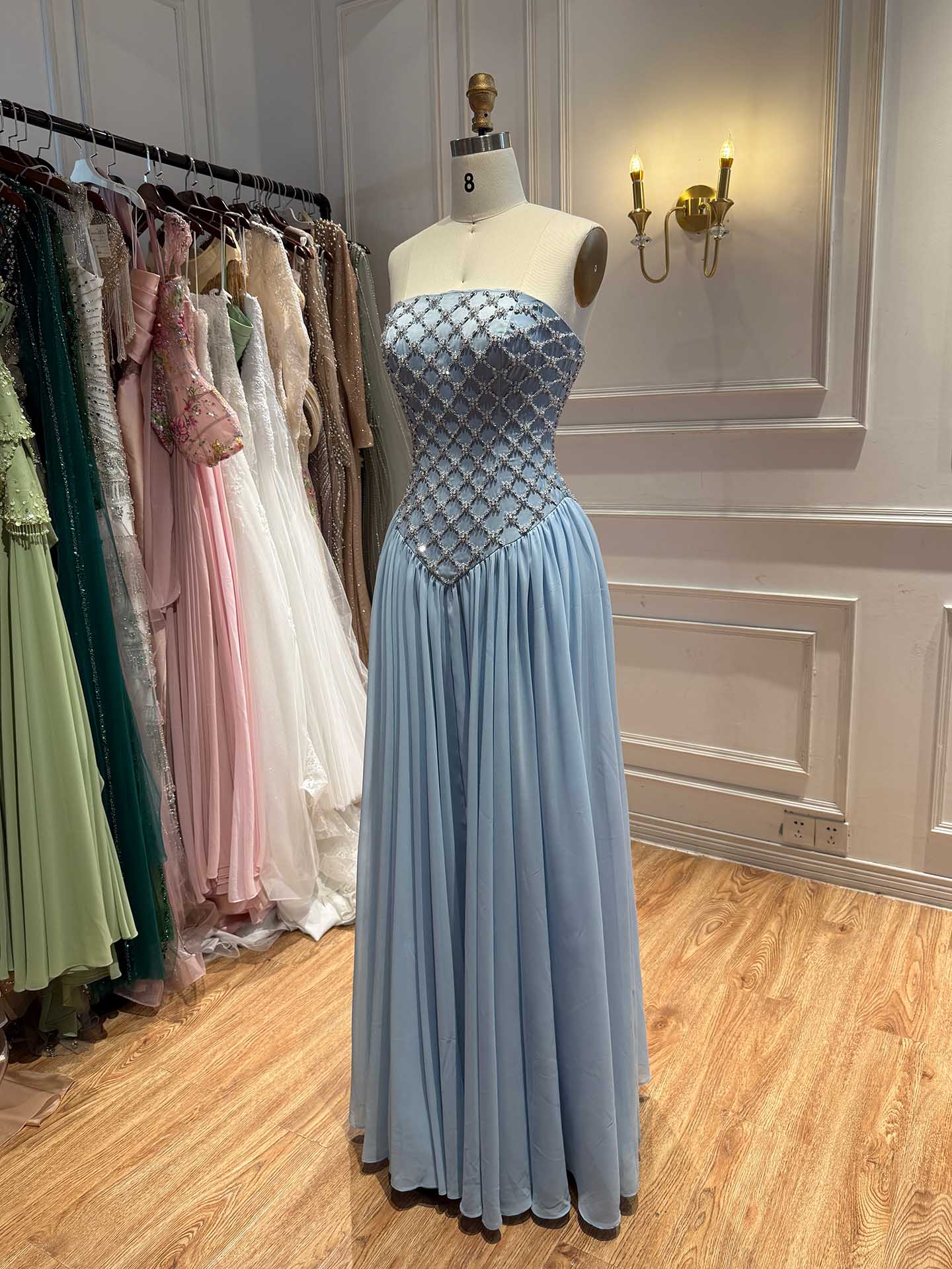 Luxury Blue Crystal Beaded Chiffon A-Line Evening Dress LA73929