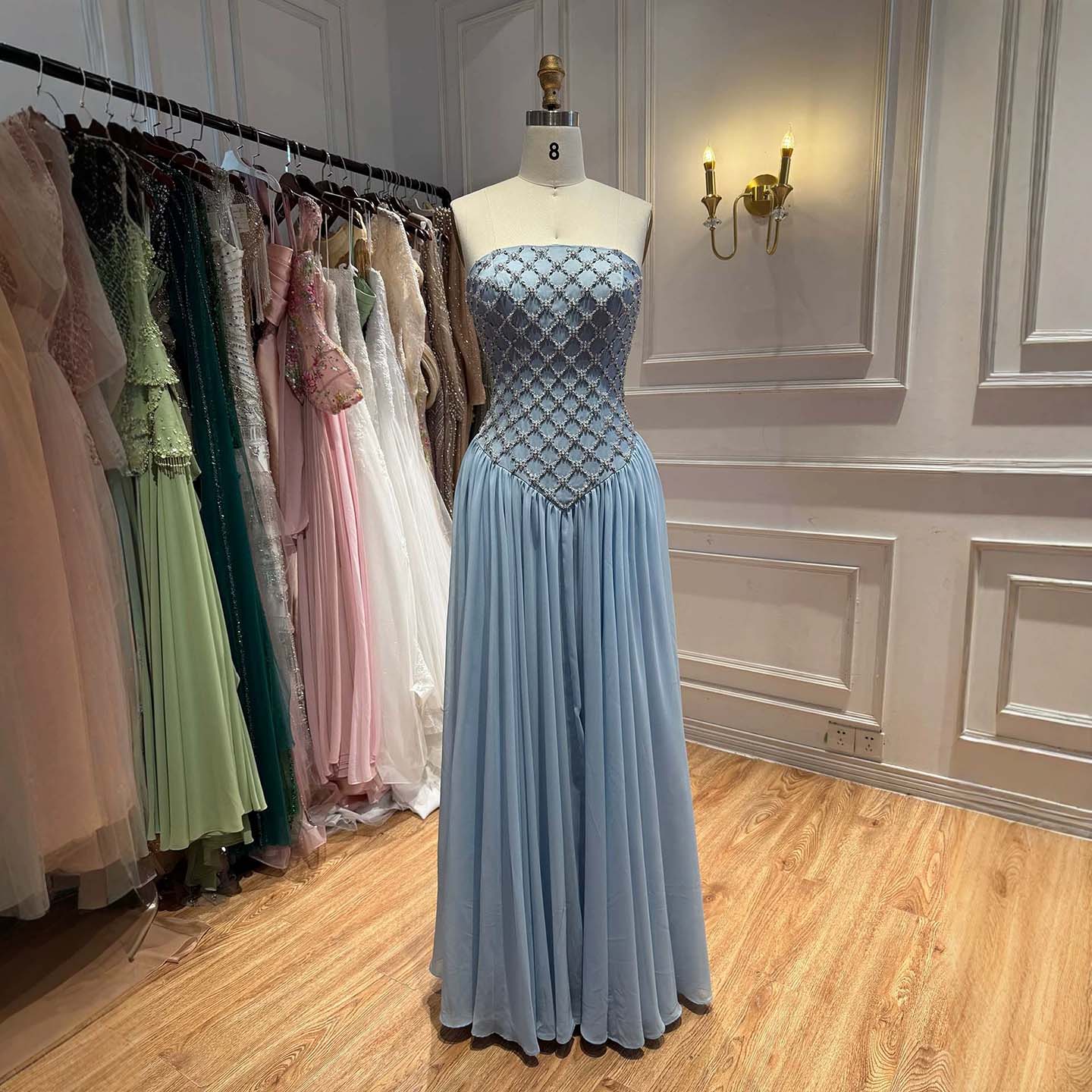 Luxury Blue Crystal Beaded Chiffon A-Line Evening Dress LA73929