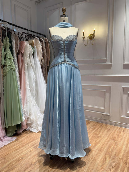 Luxury Yellow Crystal Beaded Strapless A-Line Evening Dress LA73930