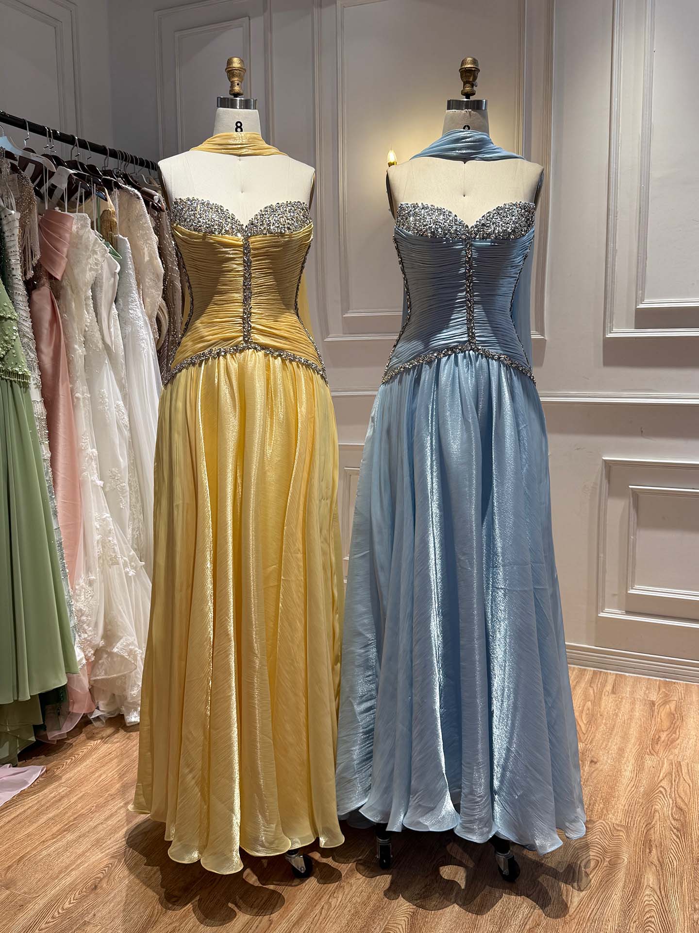 Luxury Yellow Crystal Beaded Strapless A-Line Evening Dress LA73930