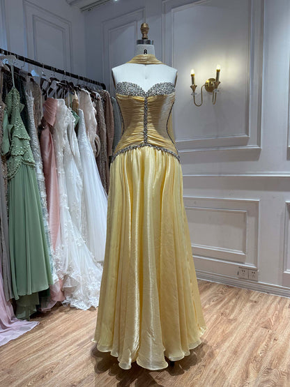 Luxury Yellow Crystal Beaded Strapless A-Line Evening Dress LA73930