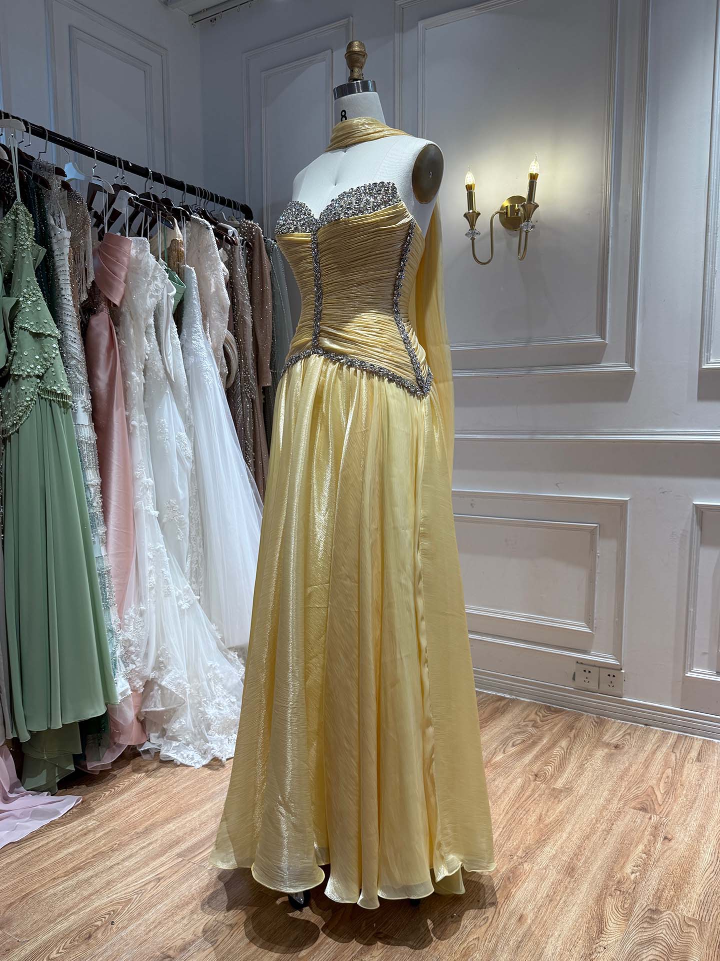 Luxury Yellow Crystal Beaded Strapless A-Line Evening Dress LA73930