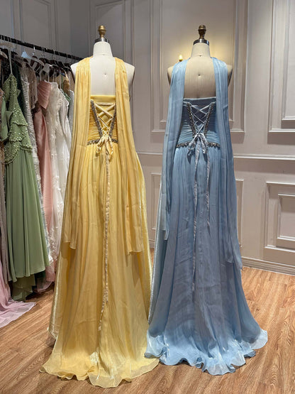 Luxury Yellow Crystal Beaded Strapless A-Line Evening Dress LA73930