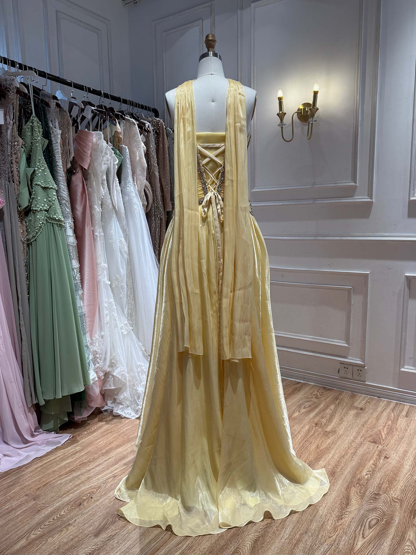 Luxury Yellow Crystal Beaded Strapless A-Line Evening Dress LA73930
