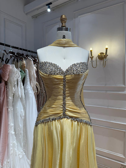 Luxury Yellow Crystal Beaded Strapless A-Line Evening Dress LA73930