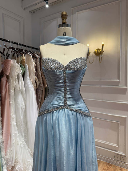 Luxury Yellow Crystal Beaded Strapless A-Line Evening Dress LA73930