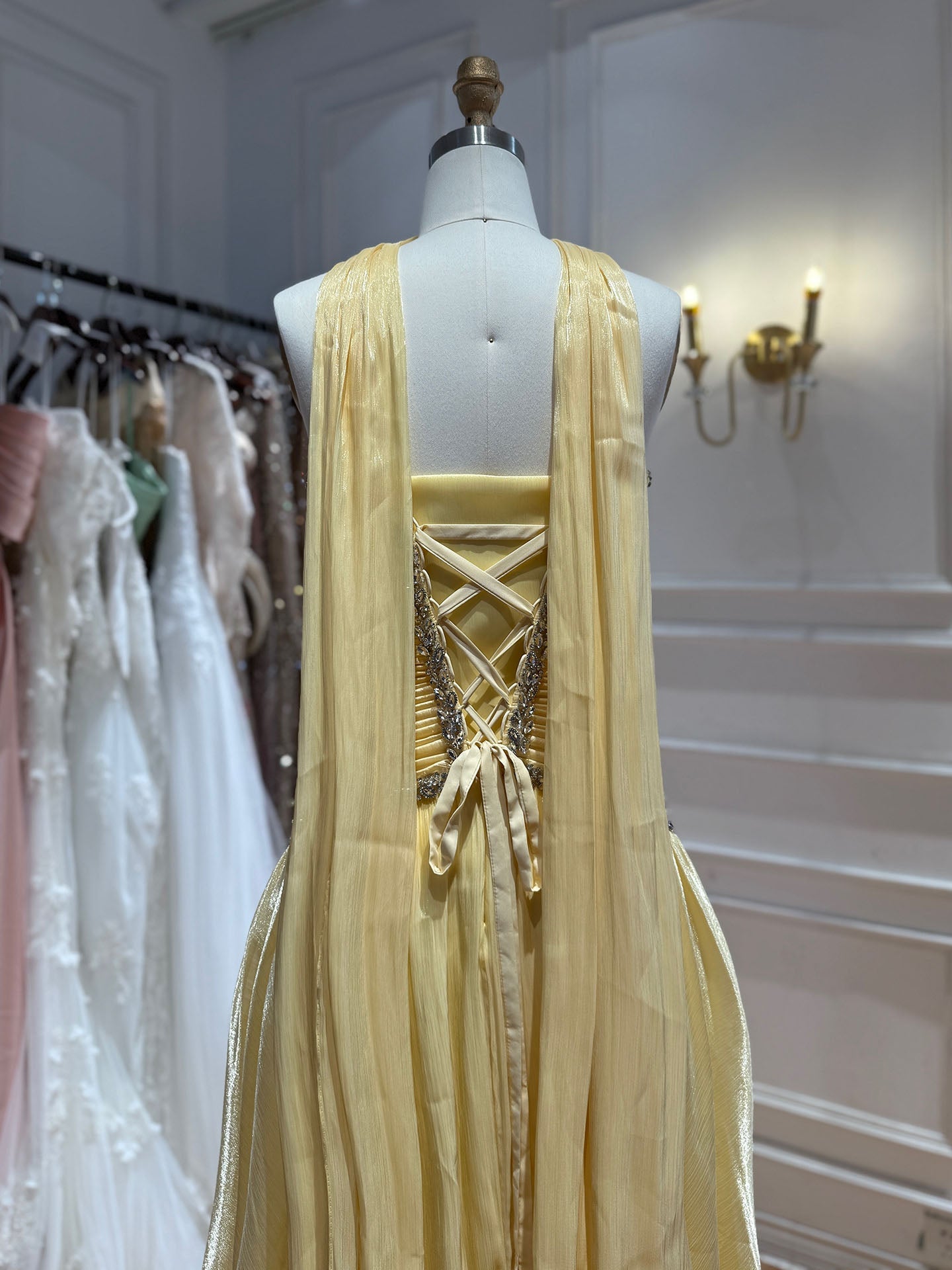 Luxury Yellow Crystal Beaded Strapless A-Line Evening Dress LA73930