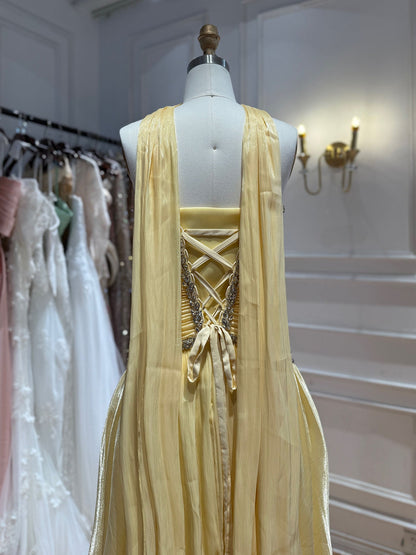 Luxury Yellow Crystal Beaded Strapless A-Line Evening Dress LA73930