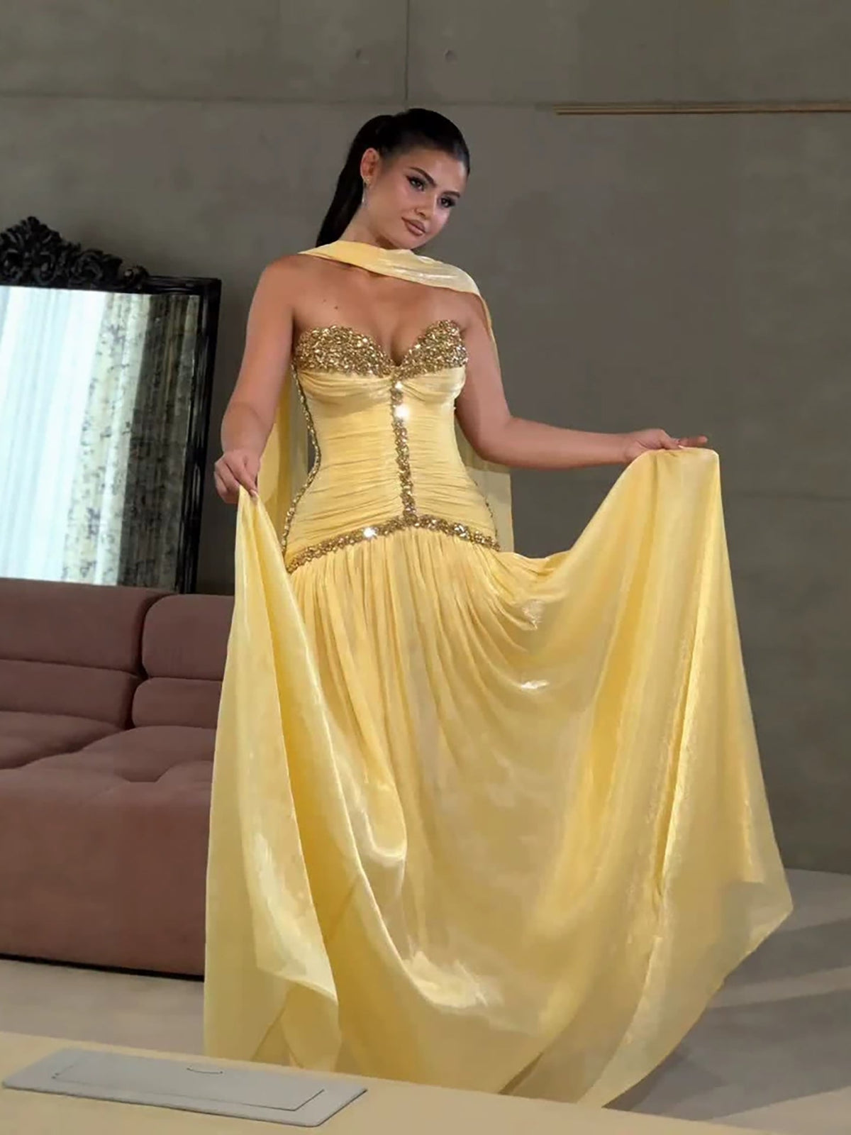 Luxury Yellow Crystal Beaded Strapless A-Line Evening Dress LA73930
