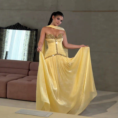 Luxury Yellow Crystal Beaded Strapless A-Line Evening Dress LA73930