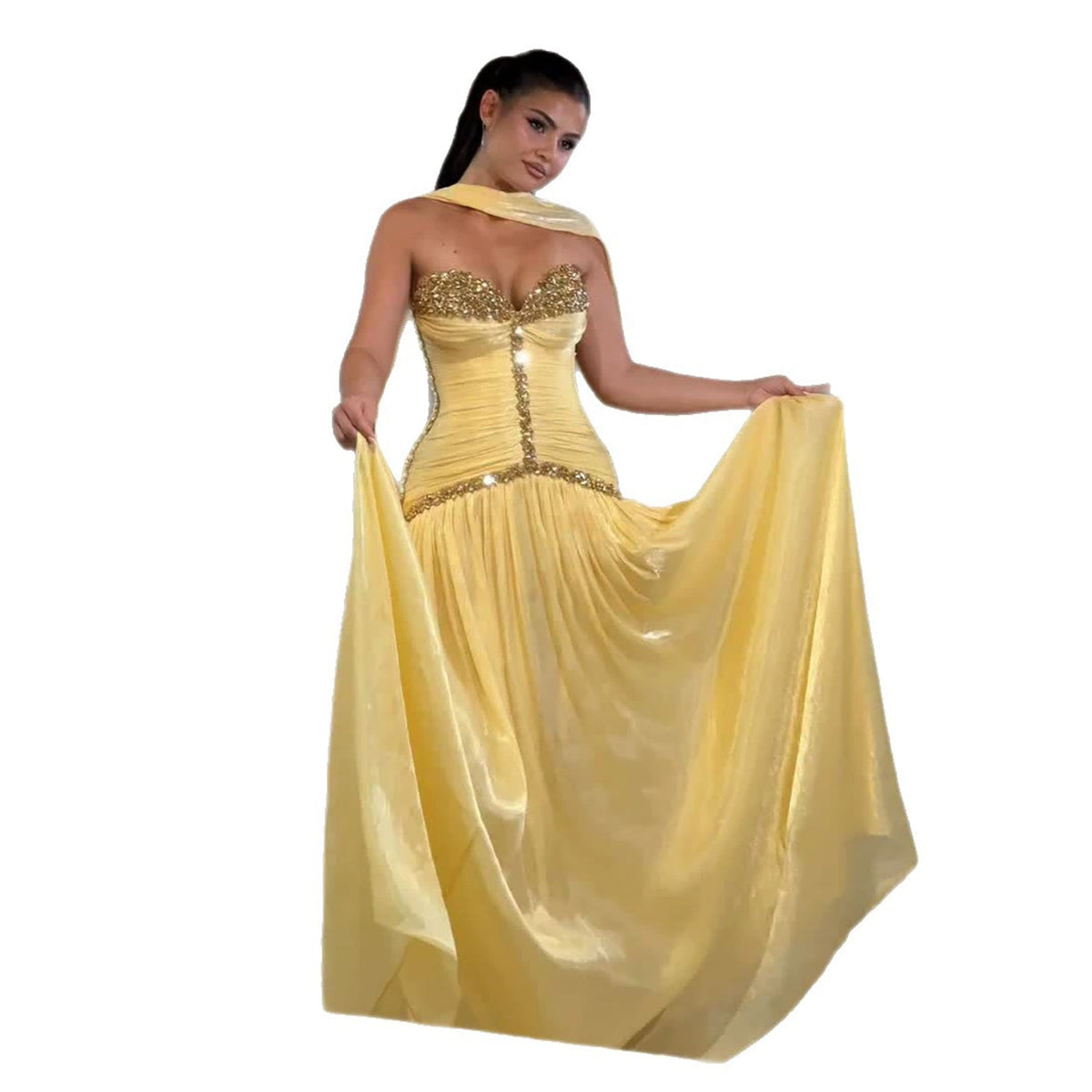 Luxury Yellow Crystal Beaded Strapless A-Line Evening Dress LA73930