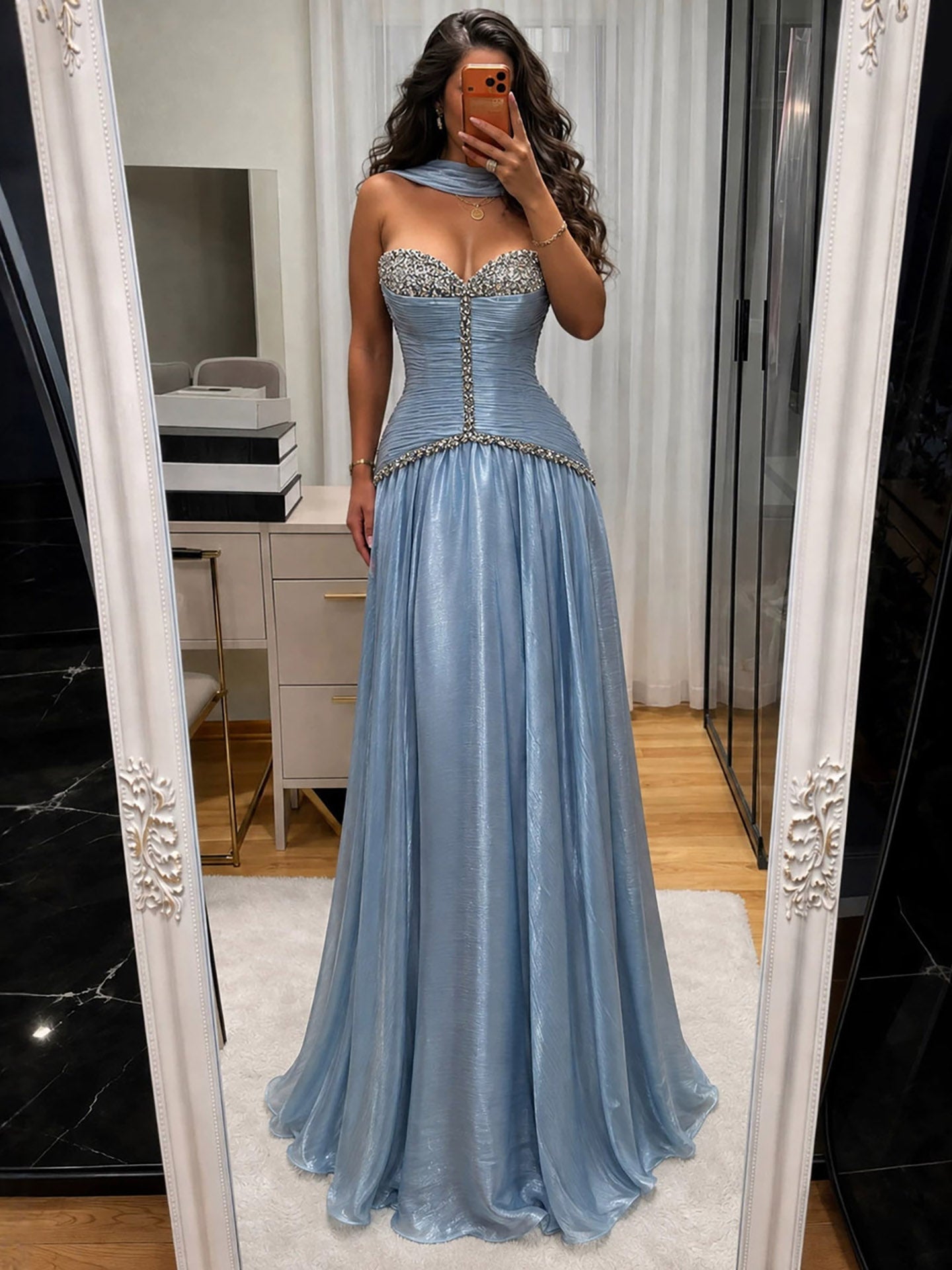 Luxury Yellow Crystal Beaded Strapless A-Line Evening Dress LA73930