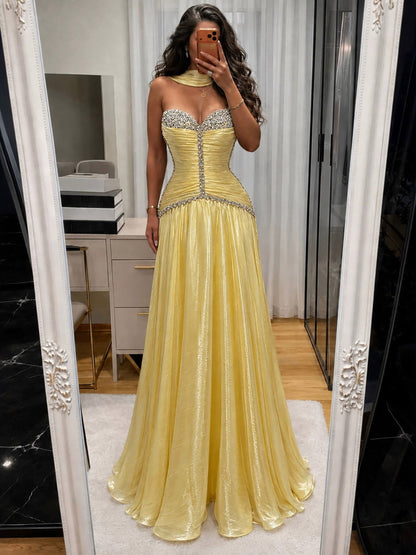 Luxury Yellow Crystal Beaded Strapless A-Line Evening Dress LA73930