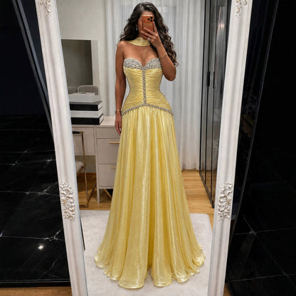 Luxury Yellow Crystal Beaded Strapless A-Line Evening Dress LA73930