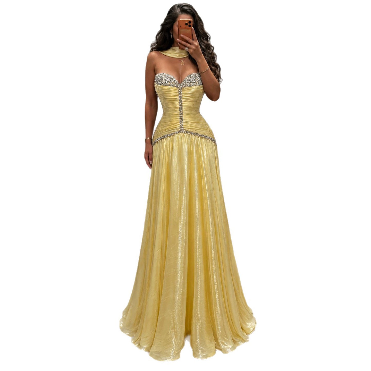 Luxury Yellow Crystal Beaded Strapless A-Line Evening Dress LA73930