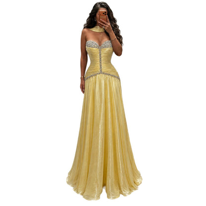 Luxury Yellow Crystal Beaded Strapless A-Line Evening Dress LA73930
