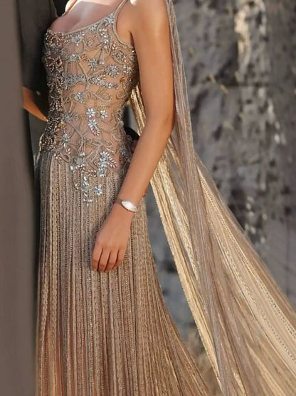 Luxury Gold Spaghetti Straps Shoulder Tassel Beaded Mermaid Dress LA73931