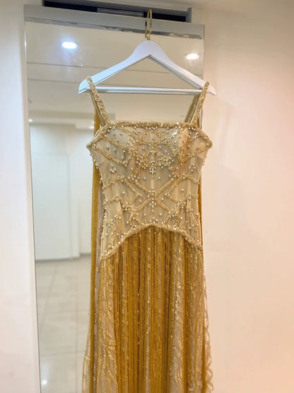 Luxury Gold Spaghetti Straps Shoulder Tassel Beaded Mermaid Dress LA73931
