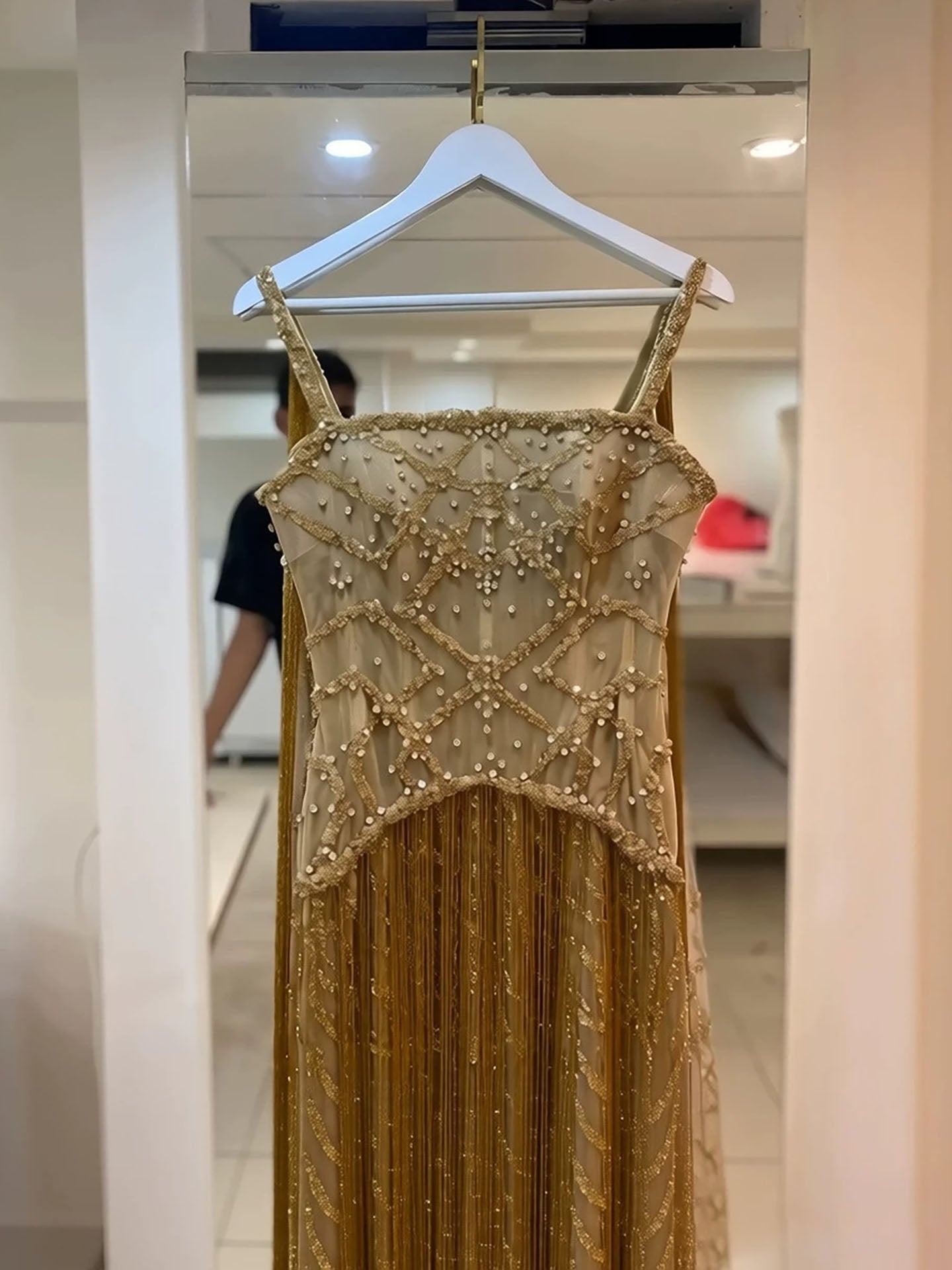 Luxury Gold Spaghetti Straps Shoulder Tassel Beaded Mermaid Dress LA73931