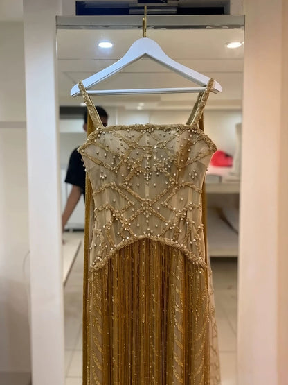 Luxury Gold Spaghetti Straps Shoulder Tassel Beaded Mermaid Dress LA73931