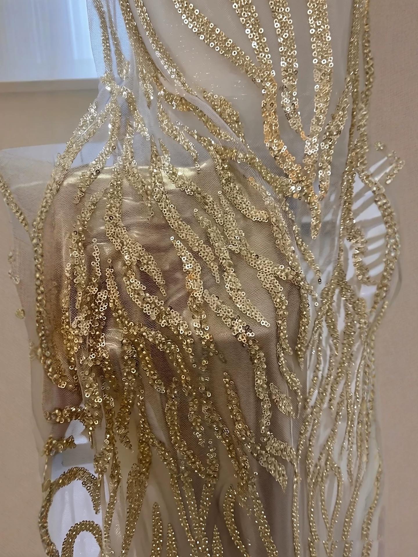 Luxury Gold Spaghetti Straps Shoulder Tassel Beaded Mermaid Dress LA73931
