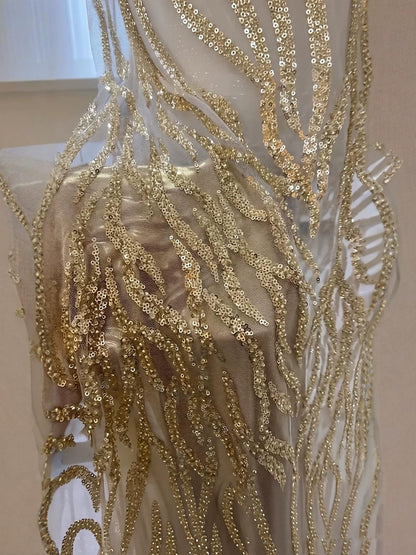 Luxury Gold Spaghetti Straps Shoulder Tassel Beaded Mermaid Dress LA73931