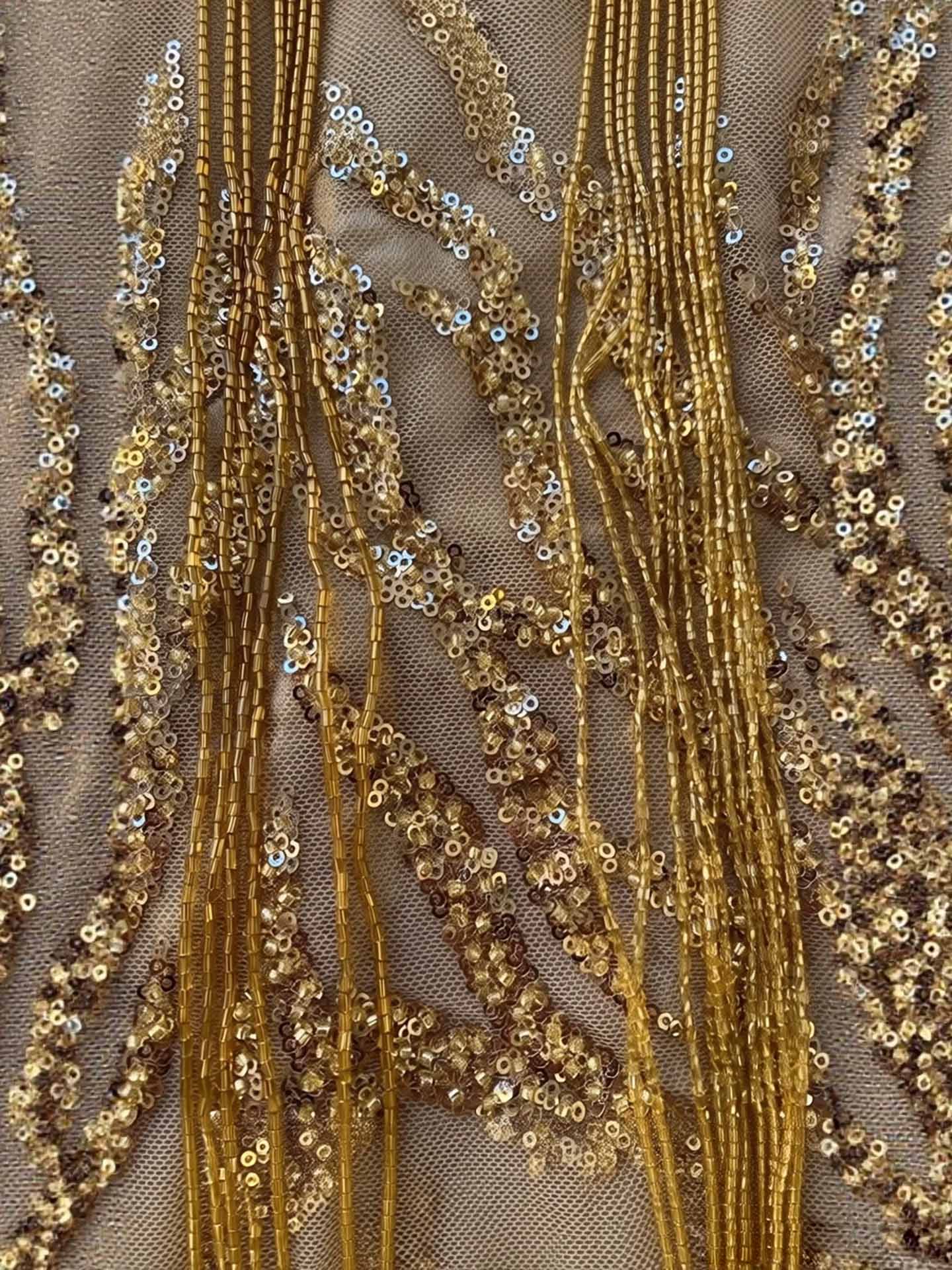 Luxury Gold Spaghetti Straps Shoulder Tassel Beaded Mermaid Dress LA73931