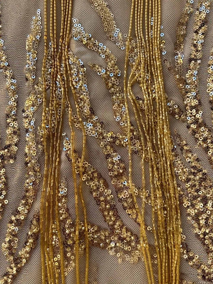 Luxury Gold Spaghetti Straps Shoulder Tassel Beaded Mermaid Dress LA73931