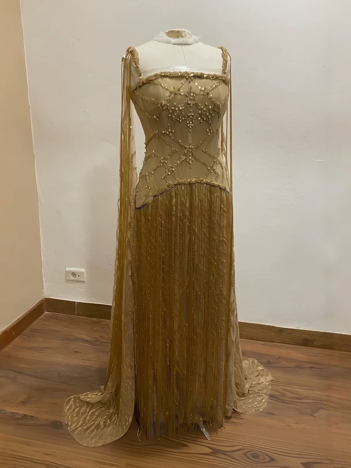 Luxury Gold Spaghetti Straps Shoulder Tassel Beaded Mermaid Dress LA73931