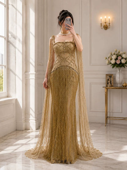 Luxury Gold Spaghetti Straps Shoulder Tassel Beaded Mermaid Dress LA73931
