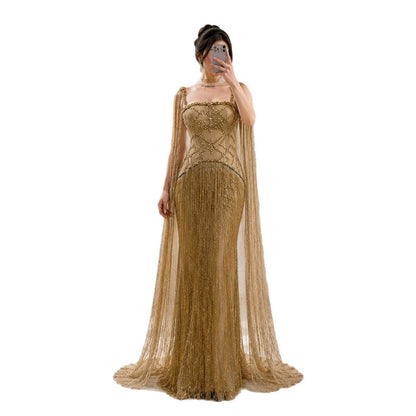 Luxury Gold Spaghetti Straps Shoulder Tassel Beaded Mermaid Dress LA73931