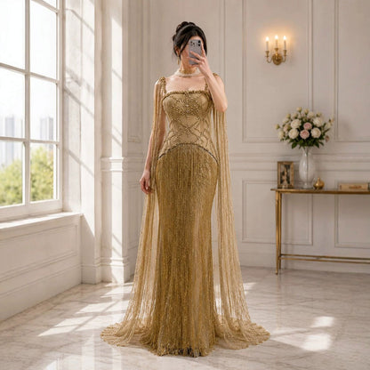 Luxury Gold Spaghetti Straps Shoulder Tassel Beaded Mermaid Dress LA73931