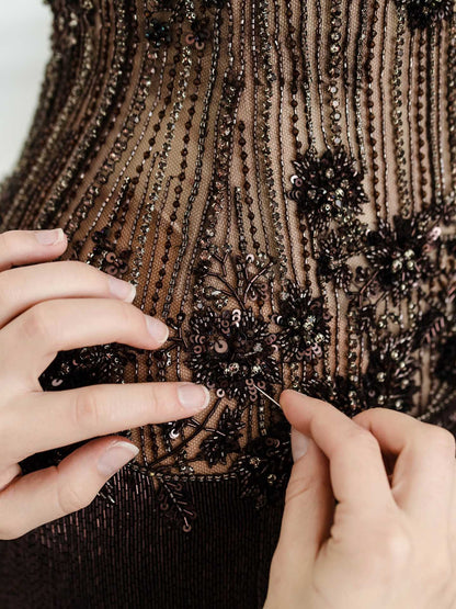 Luxury Brown Strapless Floral Beaded Mermaid Evening Dress LA73932