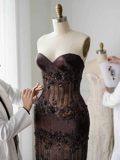 Luxury Brown Strapless Floral Beaded Mermaid Evening Dress LA73932