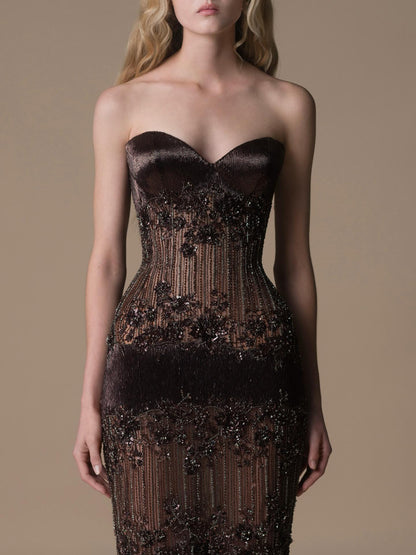Luxury Brown Strapless Floral Beaded Mermaid Evening Dress LA73932