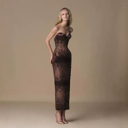 Luxury Brown Strapless Floral Beaded Mermaid Evening Dress LA73932