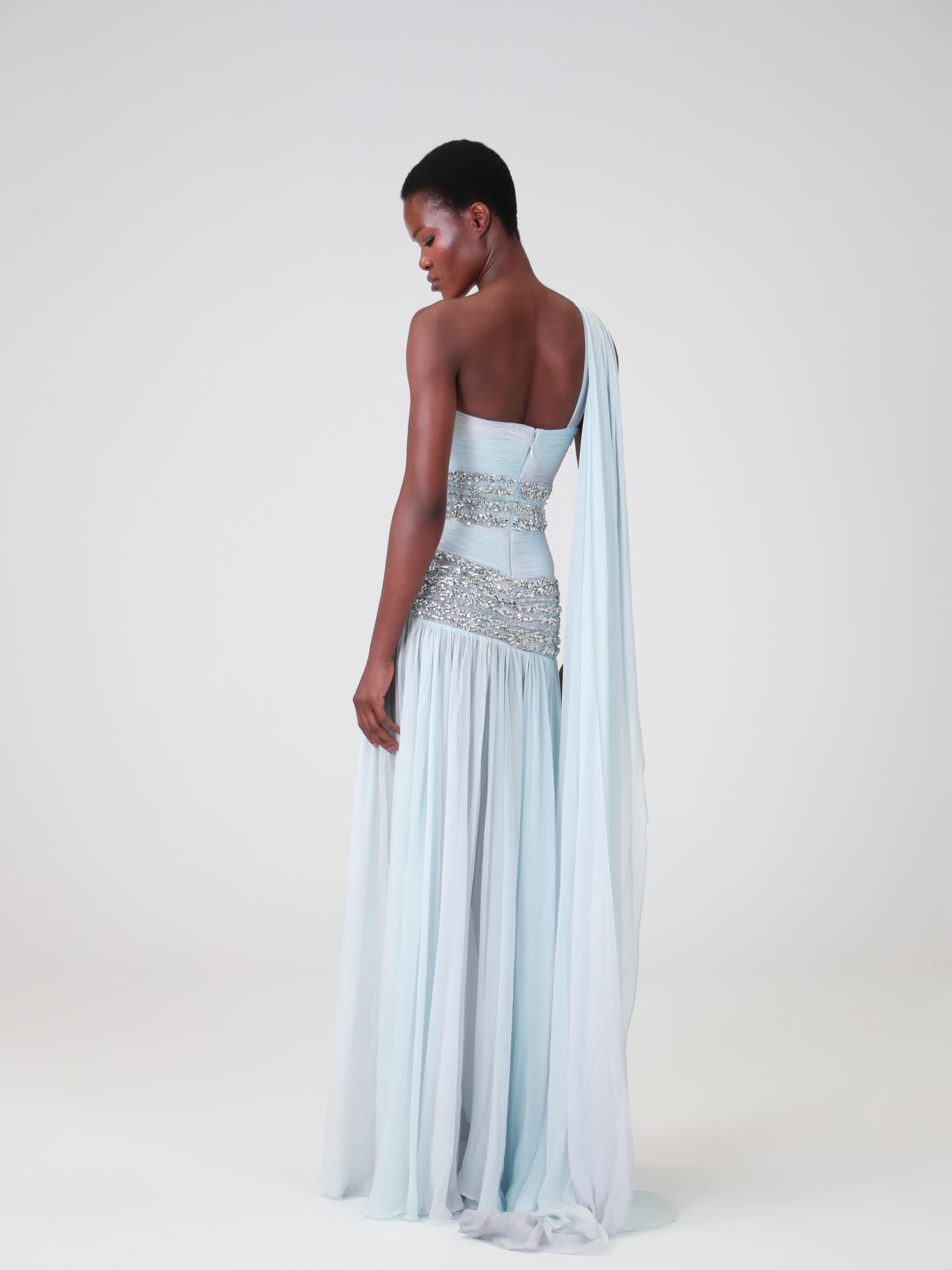 Luxury Blue One Shoulder Cutout Crystal Beaded Evening Dress LA73933
