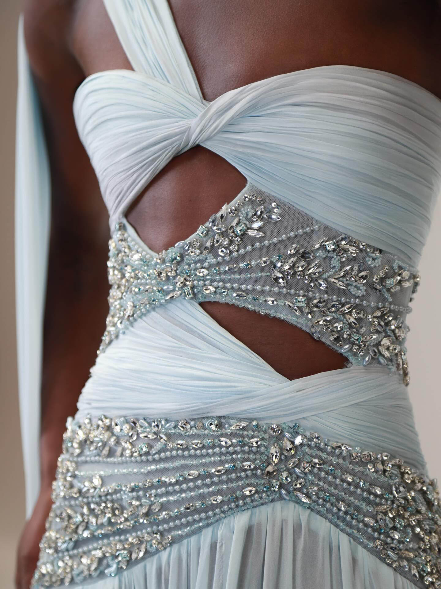 Luxury Blue One Shoulder Cutout Crystal Beaded Evening Dress LA73933