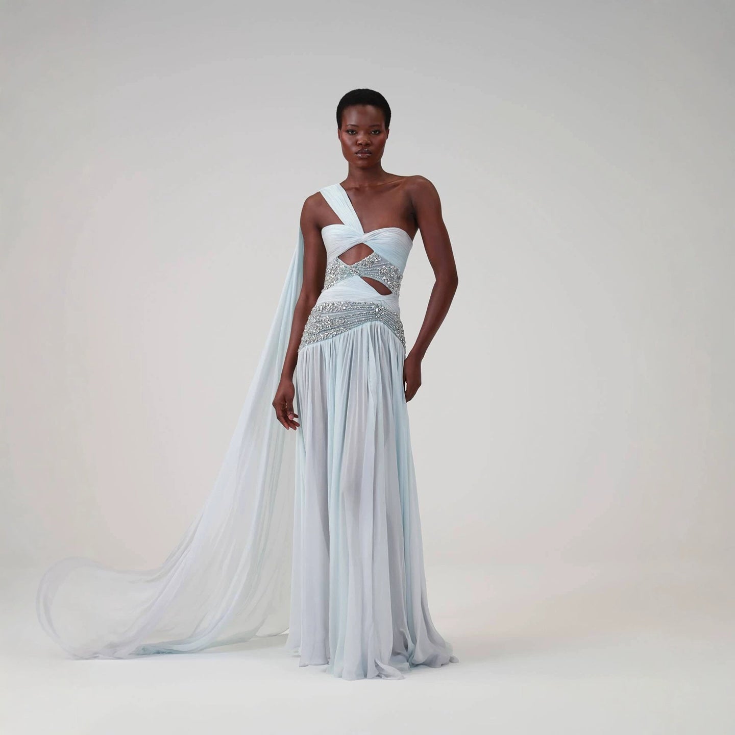 Luxury Blue One Shoulder Cutout Crystal Beaded Evening Dress LA73933