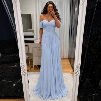 Luxury Light Blue Off Shoulder Pleated Chiffon A Line Dress LA73935