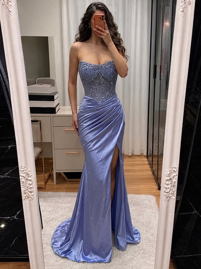 Blue Crystal Beaded High Slit Mermaid Evening Dress LA73937