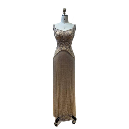 Luxury Nude Sweetheart Wide Straps Tassel Evening Dress LA73938