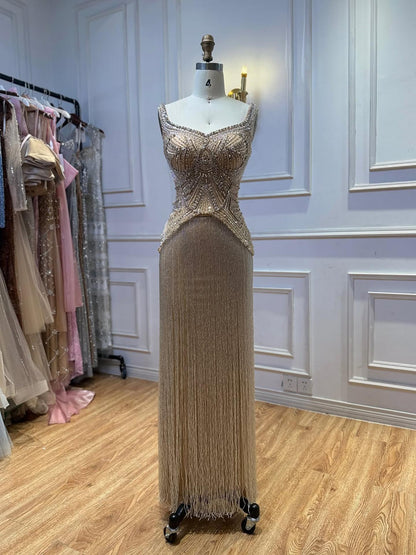 Luxury Nude Sweetheart Wide Straps Tassel Evening Dress LA73938