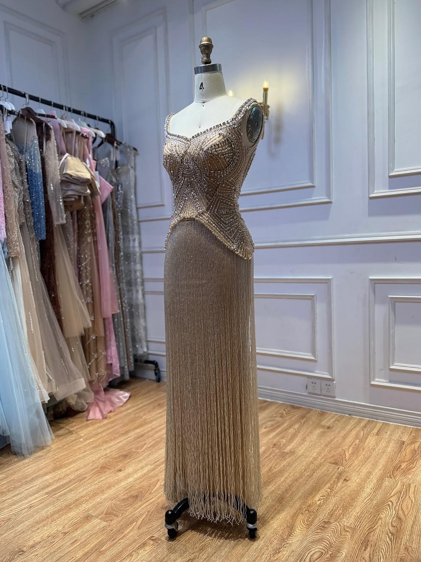 Luxury Nude Sweetheart Wide Straps Tassel Evening Dress LA73938