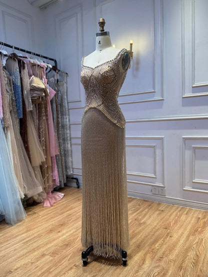Luxury Nude Sweetheart Wide Straps Tassel Evening Dress LA73938