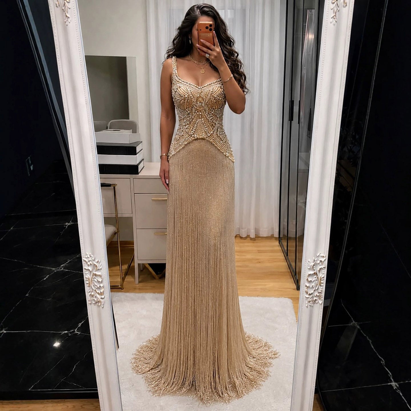 Luxury Nude Sweetheart Wide Straps Tassel Evening Dress LA73938
