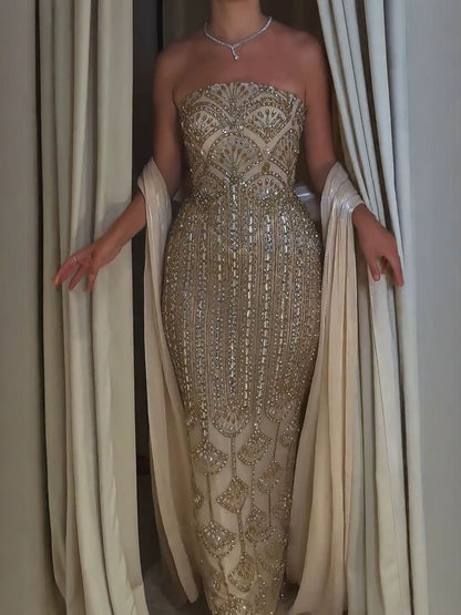 Luxury Champagne Strapless Crystal Beaded Mermaid Evening Dress LA73939