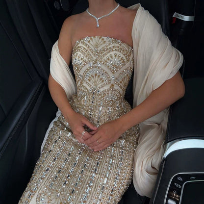 Luxury Champagne Strapless Crystal Beaded Mermaid Evening Dress LA73939