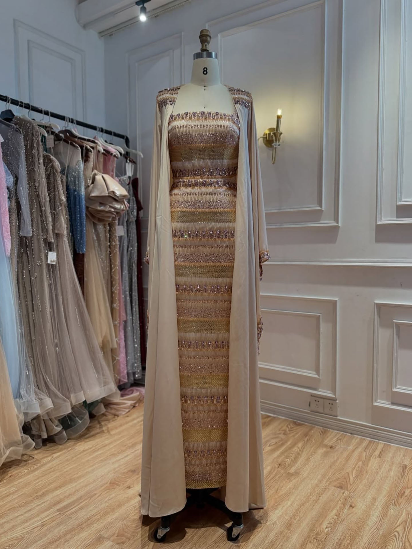 Luxury Nude Crystal Beaded Mermaid Evening Dress with Cape LA73941
