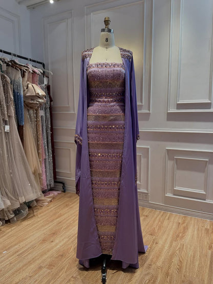 Luxury Nude Crystal Beaded Mermaid Evening Dress with Cape LA73941